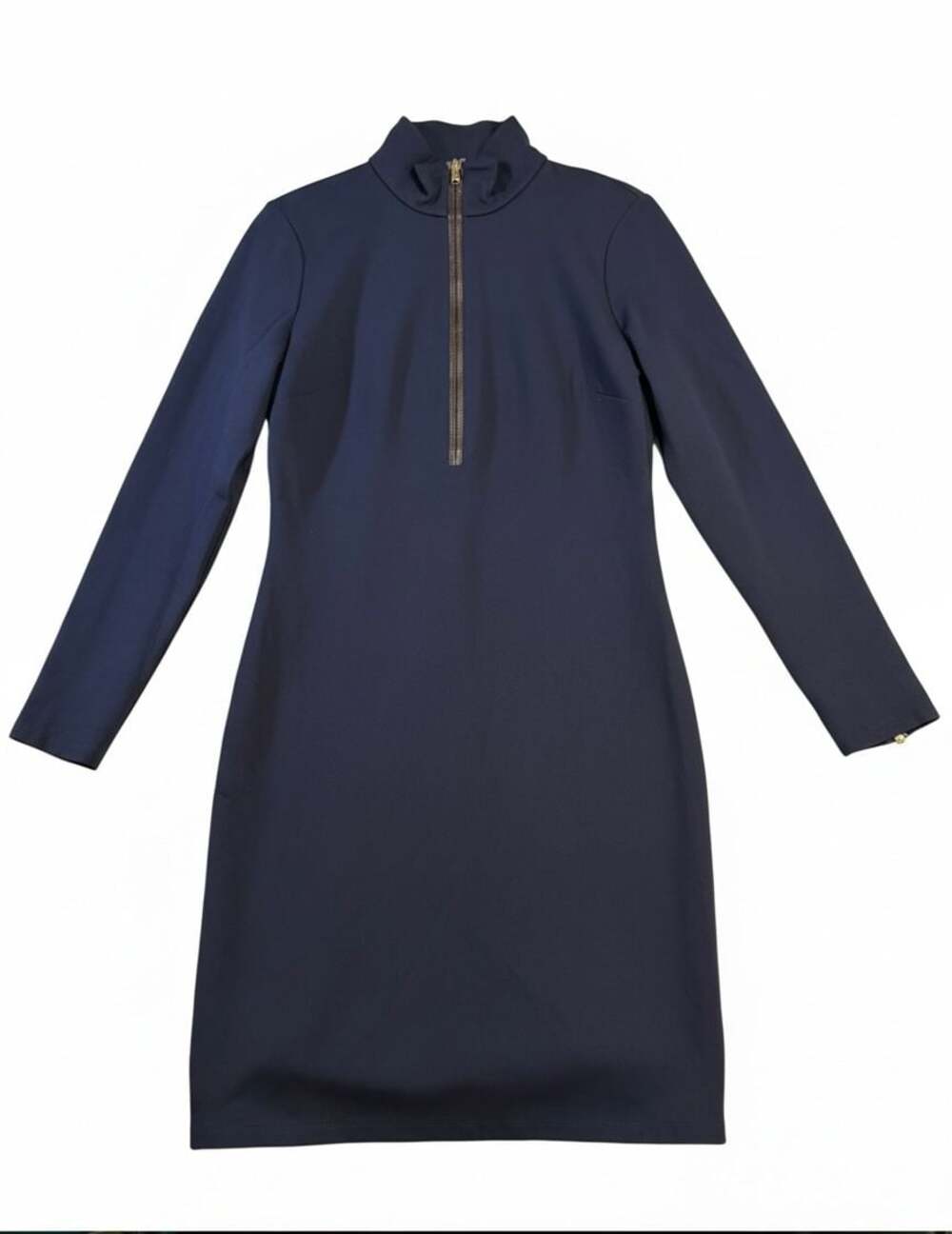 Lauren Ralph Lauren Navy Half-Zip Long Sleeve Sheath Dress with Faux Leather